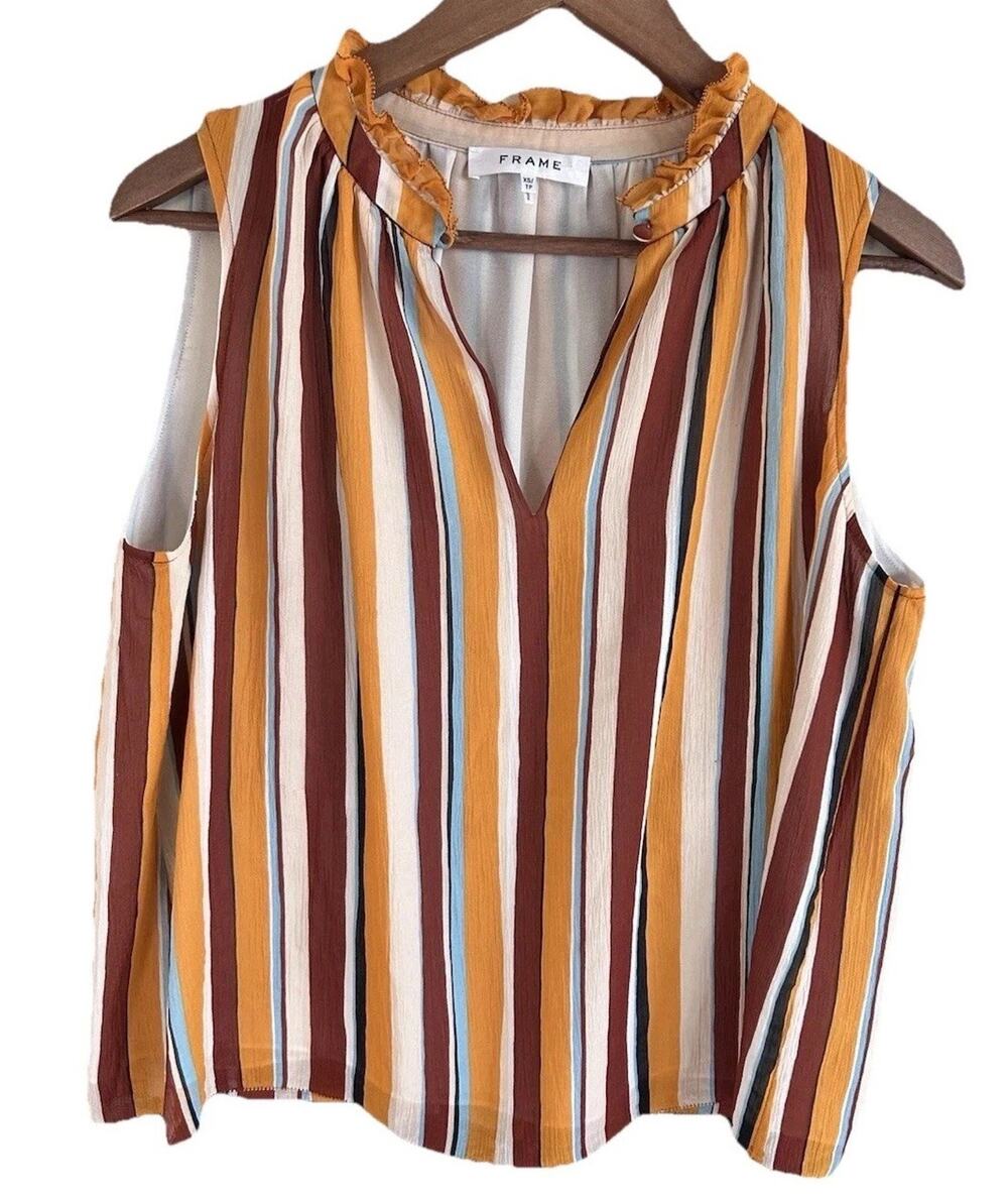 FRAME 100% Silk Blouse Womens XS Striped Sleeveless Luxury Designer Top